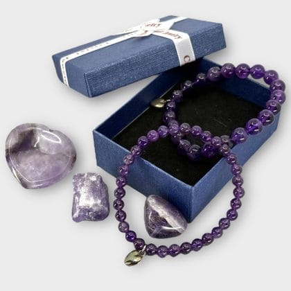 2 Amethist Armbanden & 3 Edelstenen Set in Cadeaudoosje