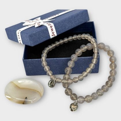 2 Grijze Agaat Kralen Armbanden inclusief Edelsteen & cadeaudoosje