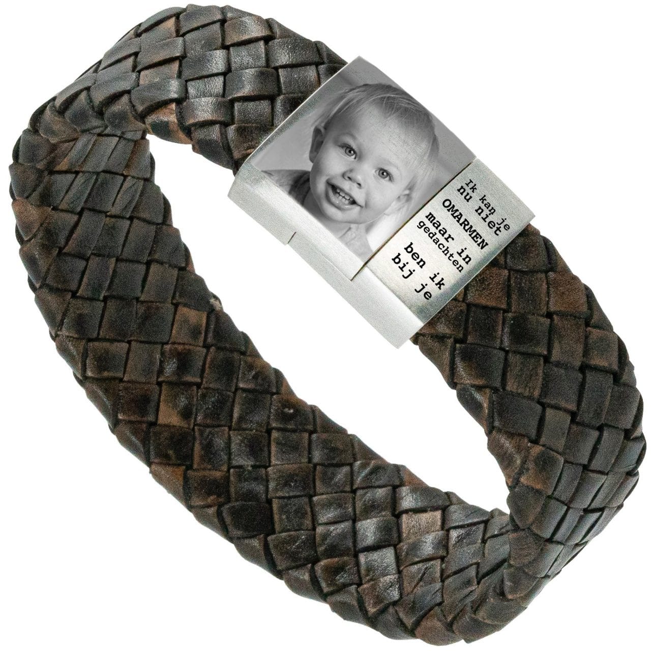 Armband met foto Heren (zelf samenstellen) 26 Baby Fotoarmband met eigen afbeelding bruine Gevlochten leren Armband met Foto gravure