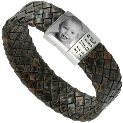Baby Fotoarmband met eigen afbeelding - bruine Gevlochten leren Armband met Foto gravure