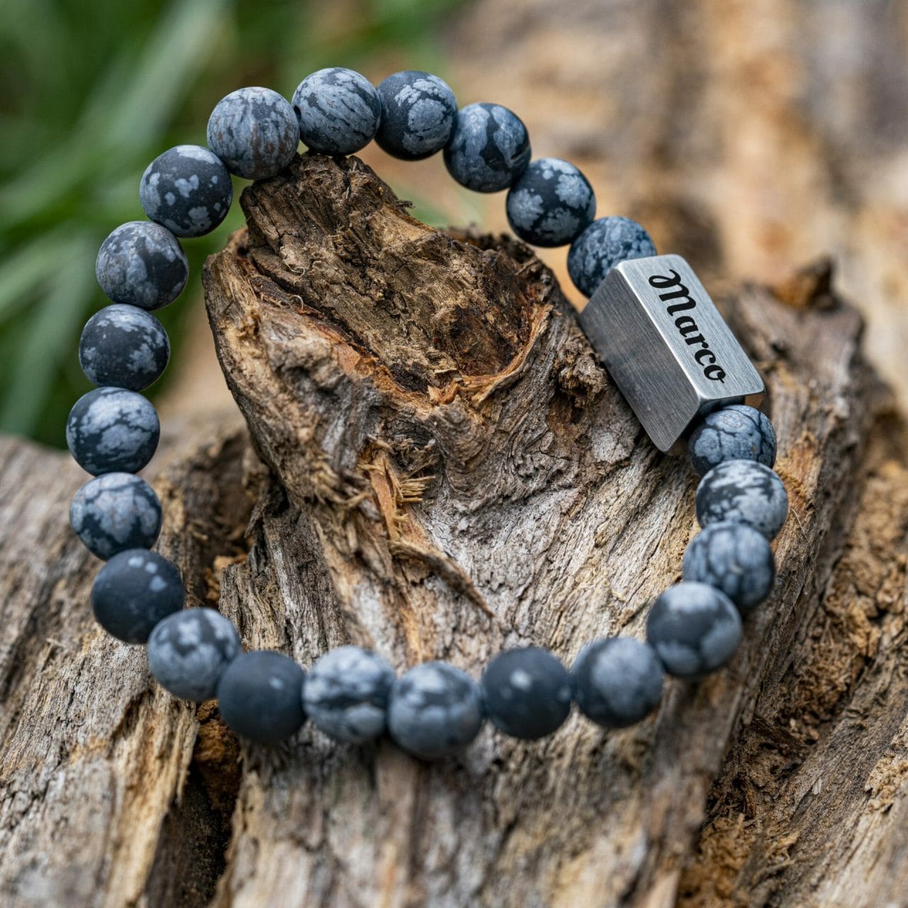 Bevroren sneeuwvlokken Obsidiaan Kralen Armband met namen gegraveerd