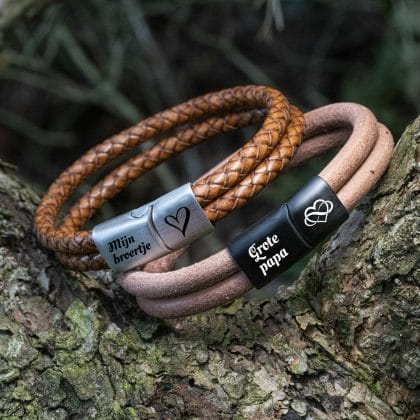Dubbel gevlochten leren armbanden met naam gravure