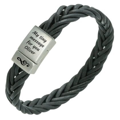 Edelstalen Armband met gravure - gevlochten leer