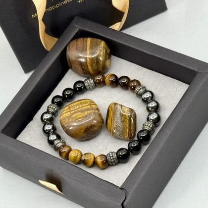 Edelstenen Tijgeroog Zwart Obsidiaan en Hematiet Armband Geschenkset