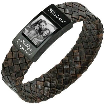 Fotoarmband Dames Gevlochten bruin leer - Eigen Foto op armband