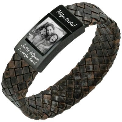 Fotoarmband Heren Gevlochten bruin leer - Eigen Foto op armband 2 Fotoarmband Heren Gevlochten bruin leer - Eigen Foto op armband - Afbeelding 2
