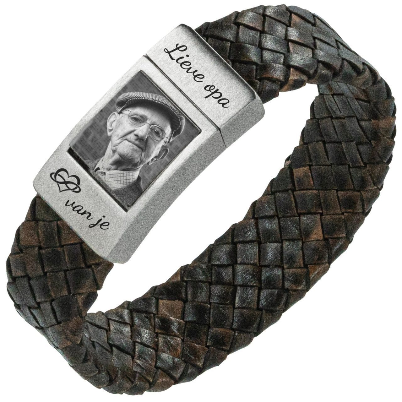 Fotoarmband-Heren-Gevlochten-bruin-leer-Eigen-Foto-op-armband
