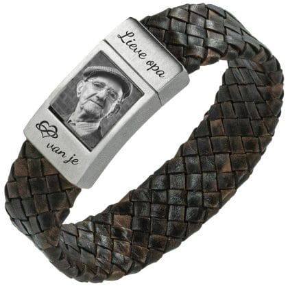 Fotoarmband Heren Gevlochten bruin leer - Eigen Foto op armband