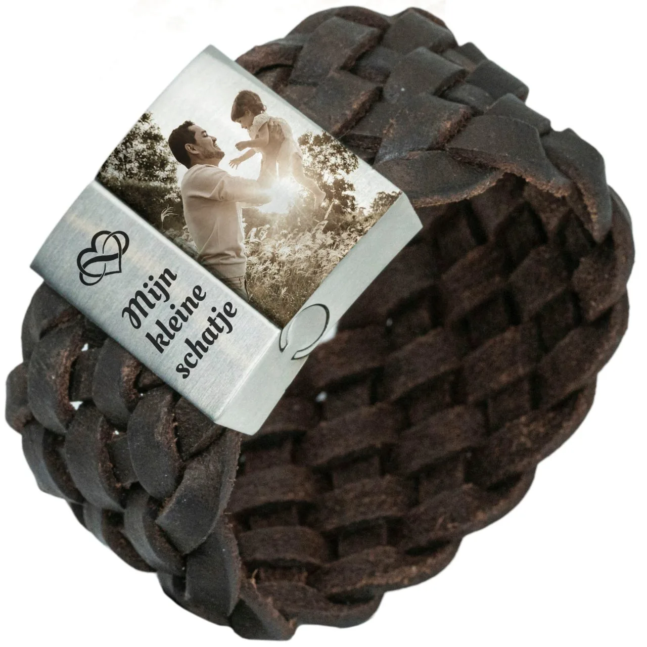Fotoarmband gevlochten leer Bruin of Zwart Eigen Foto op armband