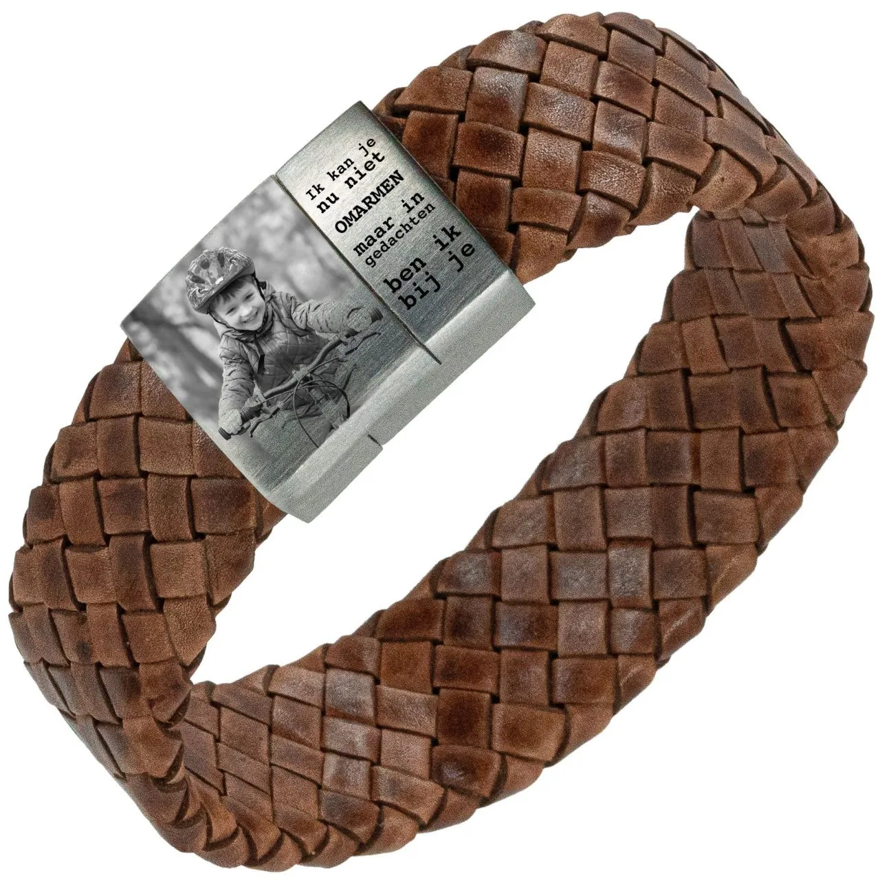 Fotoarmband met eigen afbeelding bruin Gevlochten leren Armband met Foto gravure