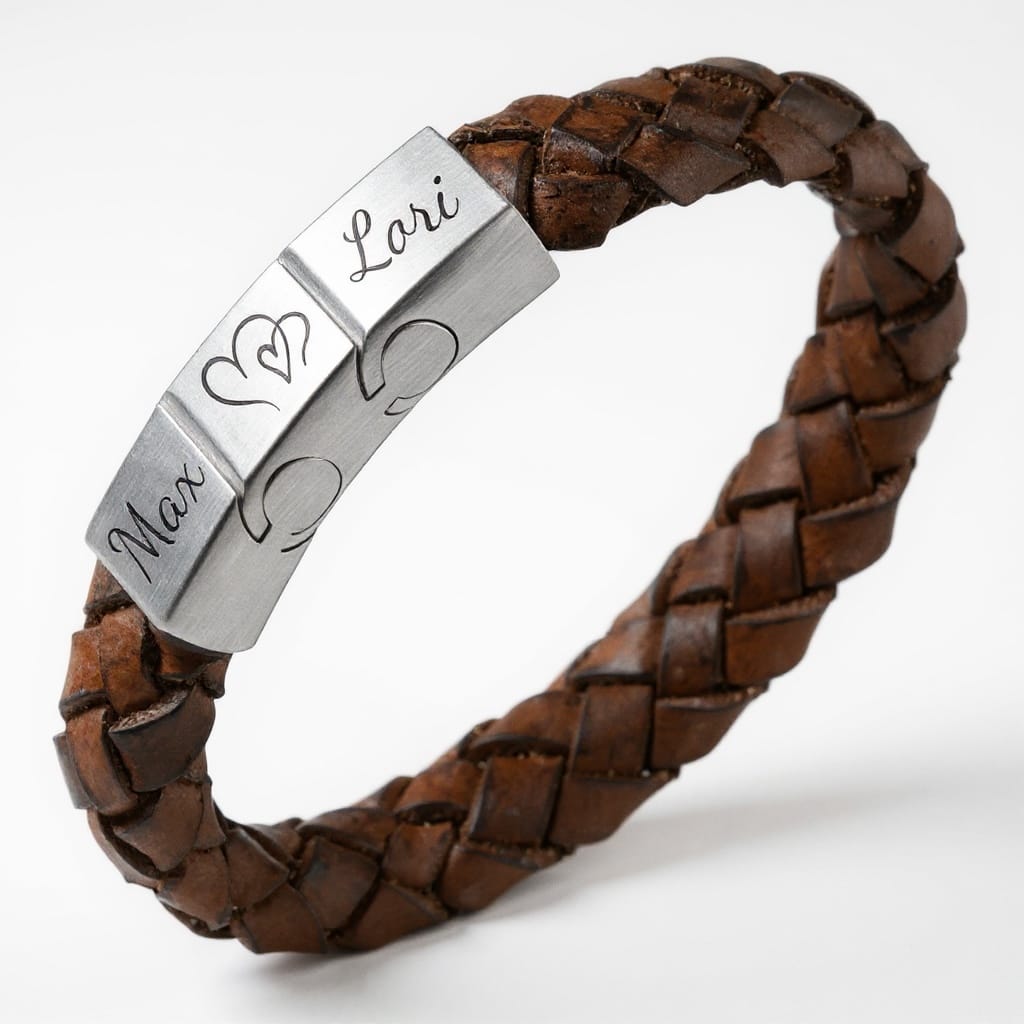 Gevlochten namen armband - bruin leer 3 schakels 1 Gevlochten namen armband - bruin leer 3 schakels