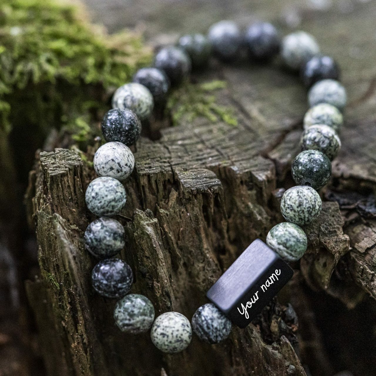 Groene Zebra Stenen Kralen armband met tekst gegraveerd eigen namen