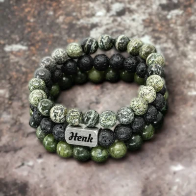 Heren 3 Armbanden Set: Zebra Stone • Lava Rock • Natural Jade 3 Heren 3 Armbanden Set: Zebra Stone • Lava Rock • Natural Jade - Afbeelding 3