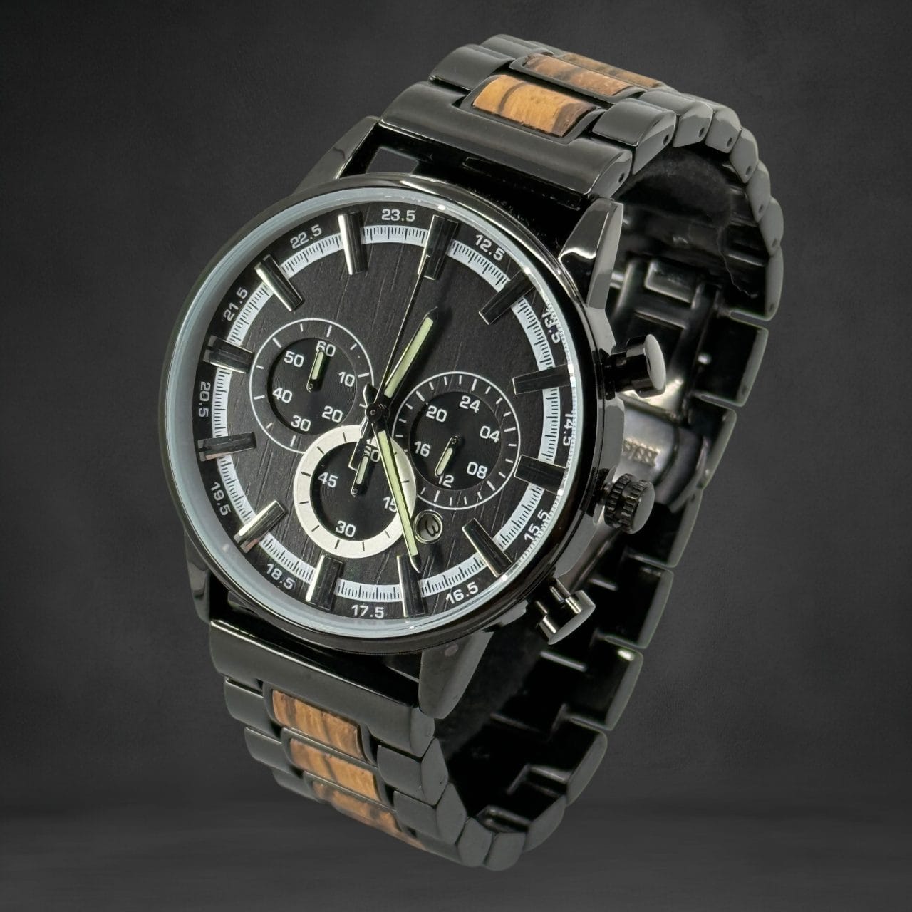 Ontwerp je eigen armband 24 TimberWood BlackSavanna™ – Herenhorloge in Zwart Metaal & Zebrano Hout
