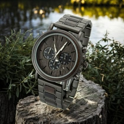 Houten heren horloge zwart gunmetal uitvoering