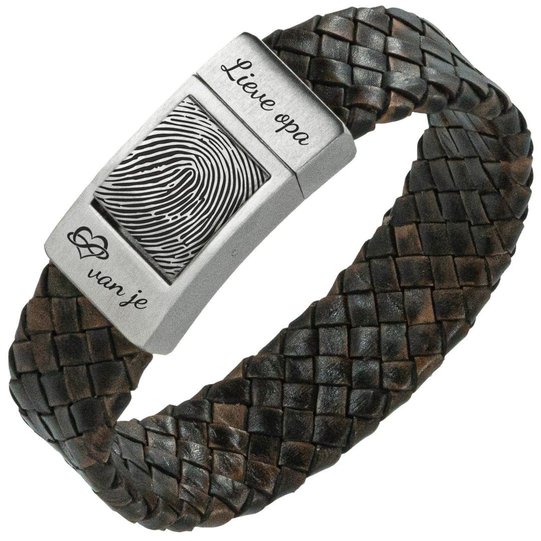 Lieve opa Vingerafdruk armband - Bruin gevlochten leer