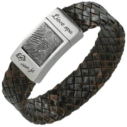 Lieve opa Vingerafdruk armband - Bruin gevlochten leer