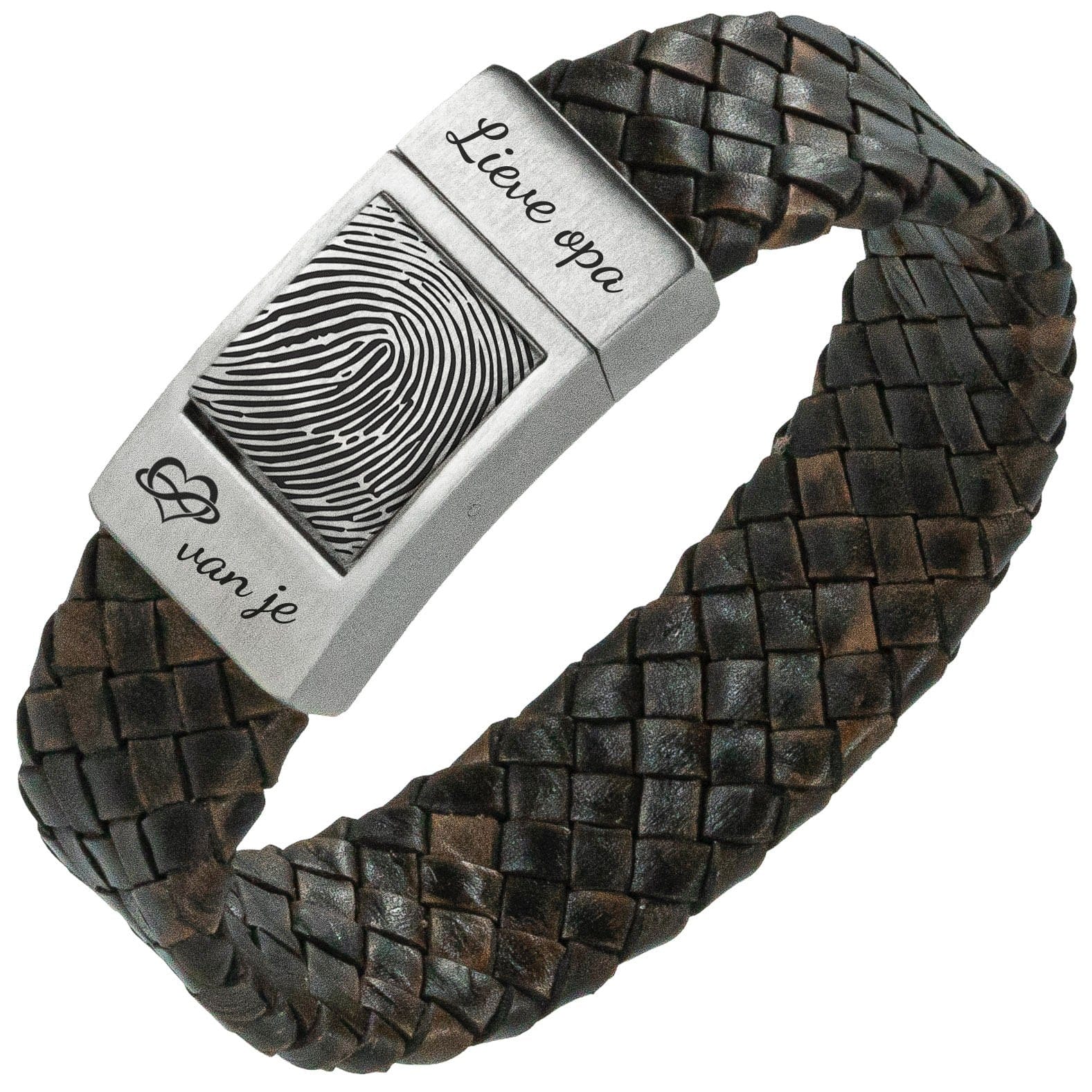 Lieve opa Vingerafdruk armband - Bruin gevlochten leer 1 Lieve opa Vingerafdruk armband - Bruin gevlochten leer