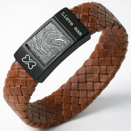 Mama Vingerafdruk armband - Bruin gevlochten leer