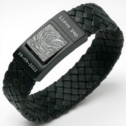 Papa Vingerafdruk armband - Zwart gevlochten leer