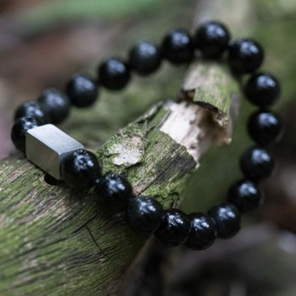 Shiny 'zwarte Obsidian' Kralen Armband met groen:grijze tinten