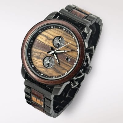 TimberWood Titan – Chronograaf Horloge van Zebrawood en Zwart Metaal