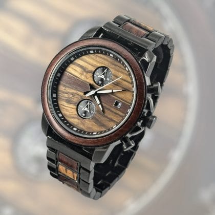 TimberWood Titan – Chronograaf Horloge van Zebrawood en Zwart Metaal