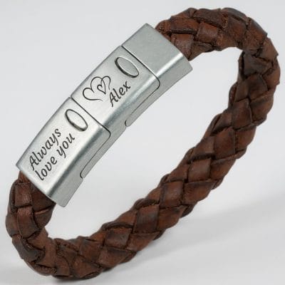 Triple gravure armband + Gevlochten bruin leer 2 Triple gravure armband + Gevlochten bruin leer - Afbeelding 2