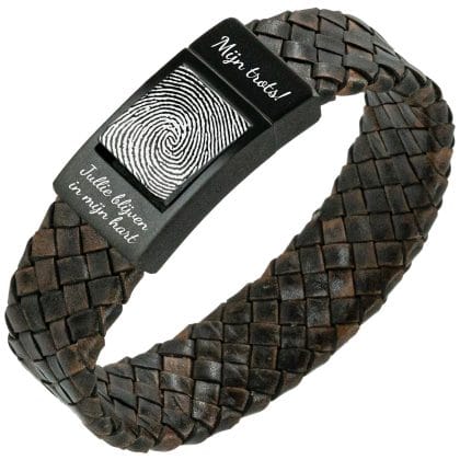Vingerafdruk armband - Bruin gevlochten leer met Zwarte schakel