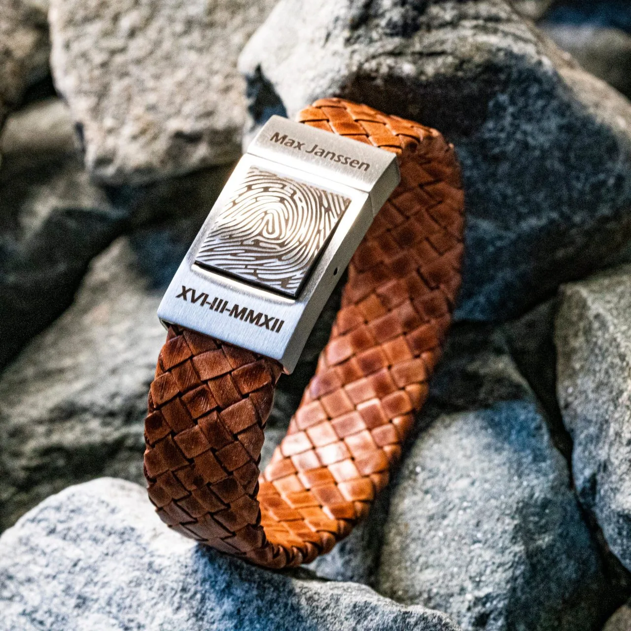 Vingerafdruk armband Rocky Bruin gevlochten leer