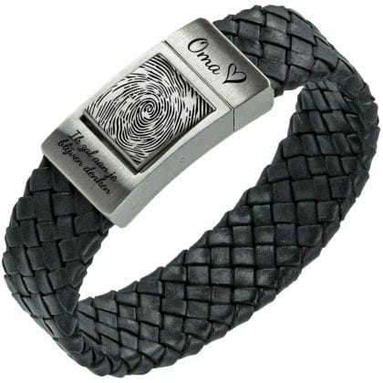 Vingerafdruk armband - Zwart gevlochten leer