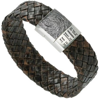 Vingerafdruk op armband - bruine Gevlochten leren Armband