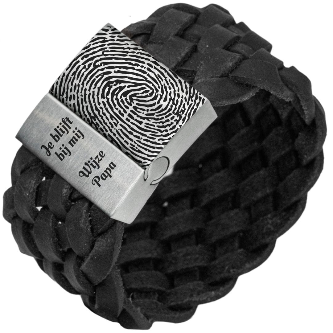 Vingerafdruk op je armband - Zwart of bruin gevlochten leren Armband