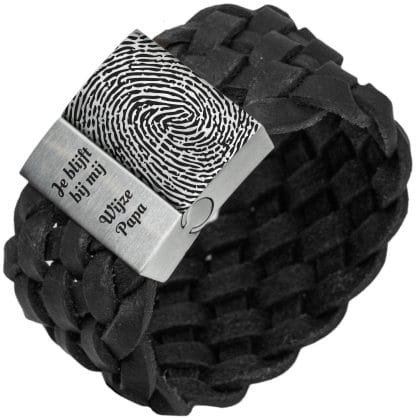 Vingerafdruk op je armband - Zwart of bruin gevlochten leren Armband