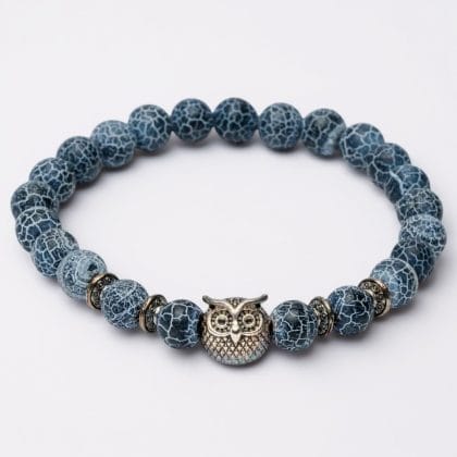 Wijze uil armband – 🦉 Blauwe Frosted Agaat kralen