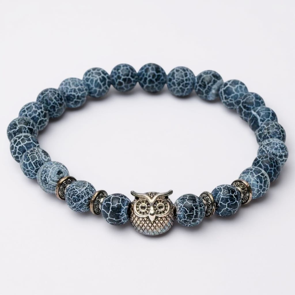 Wijze uil armband – 🦉 Blauwe Frosted Agaat kralen