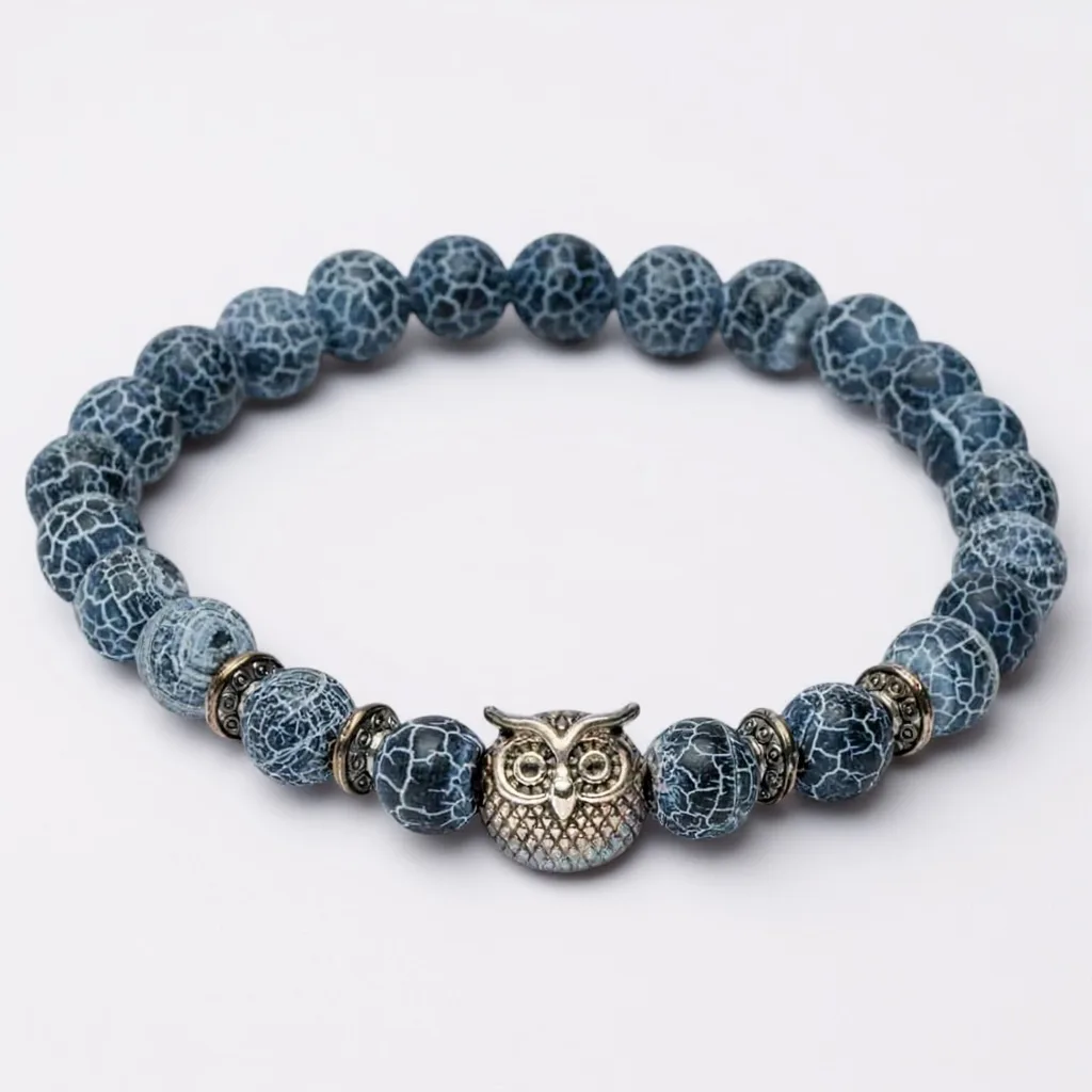 Wijze uil armband – 🦉 Blauwe Frosted Agaat kralen