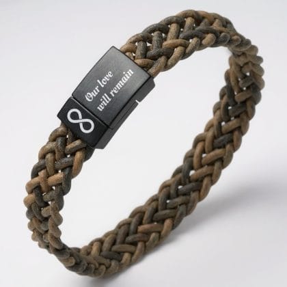 Zwart Edelstalen Armband met gravure - gevlochten leer