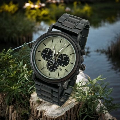 Zwarte Chronograaf Heren horloge met houten band