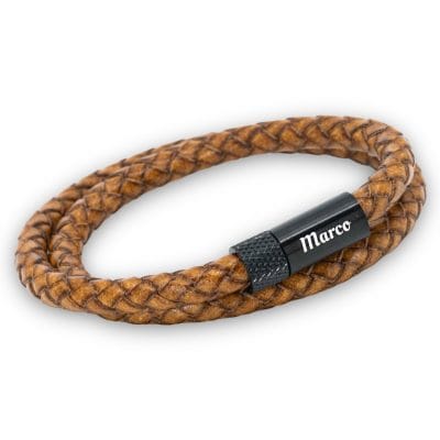 Dubbel gevlochten armband | Italiaans Valiano™ 6mm leer 3 naam armband Marco leer voor mannen